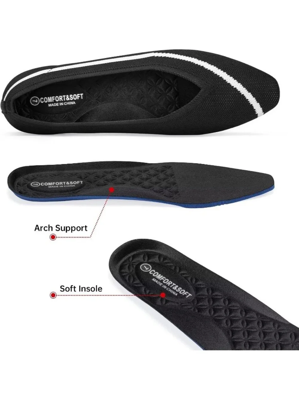 Frank Mully Women's Black Rubber Knitted Square Toe Comfortable Slip On Flats
